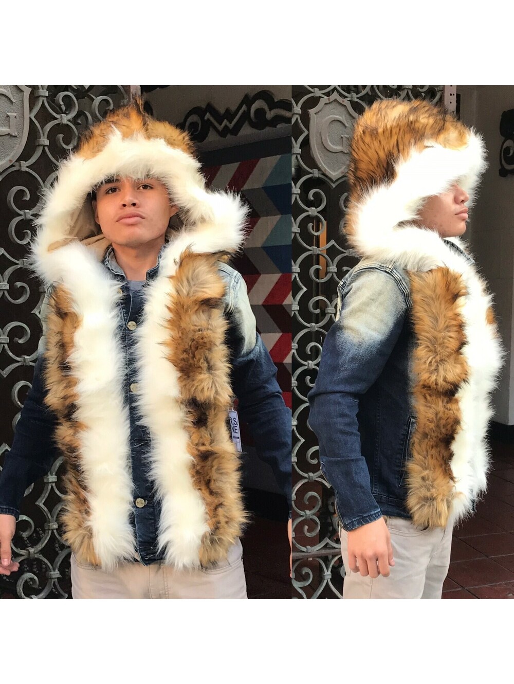 Men's Fashion Dk.Blue Indigo Denim Jacket & Faux Fur Hoodie